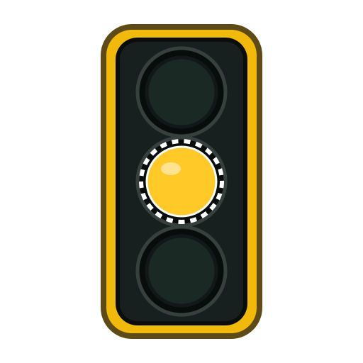 Vertical traffic signal with its circular yellow lens illuminated and a dashed ring indicating that the yellow indication flashes; red and green lenses are dark.