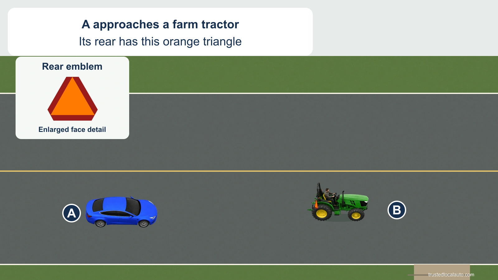A follows a farm tractor on a two-way rural road. An enlarged detail shows the orange triangular rear emblem with red edges, without a speed or action label.