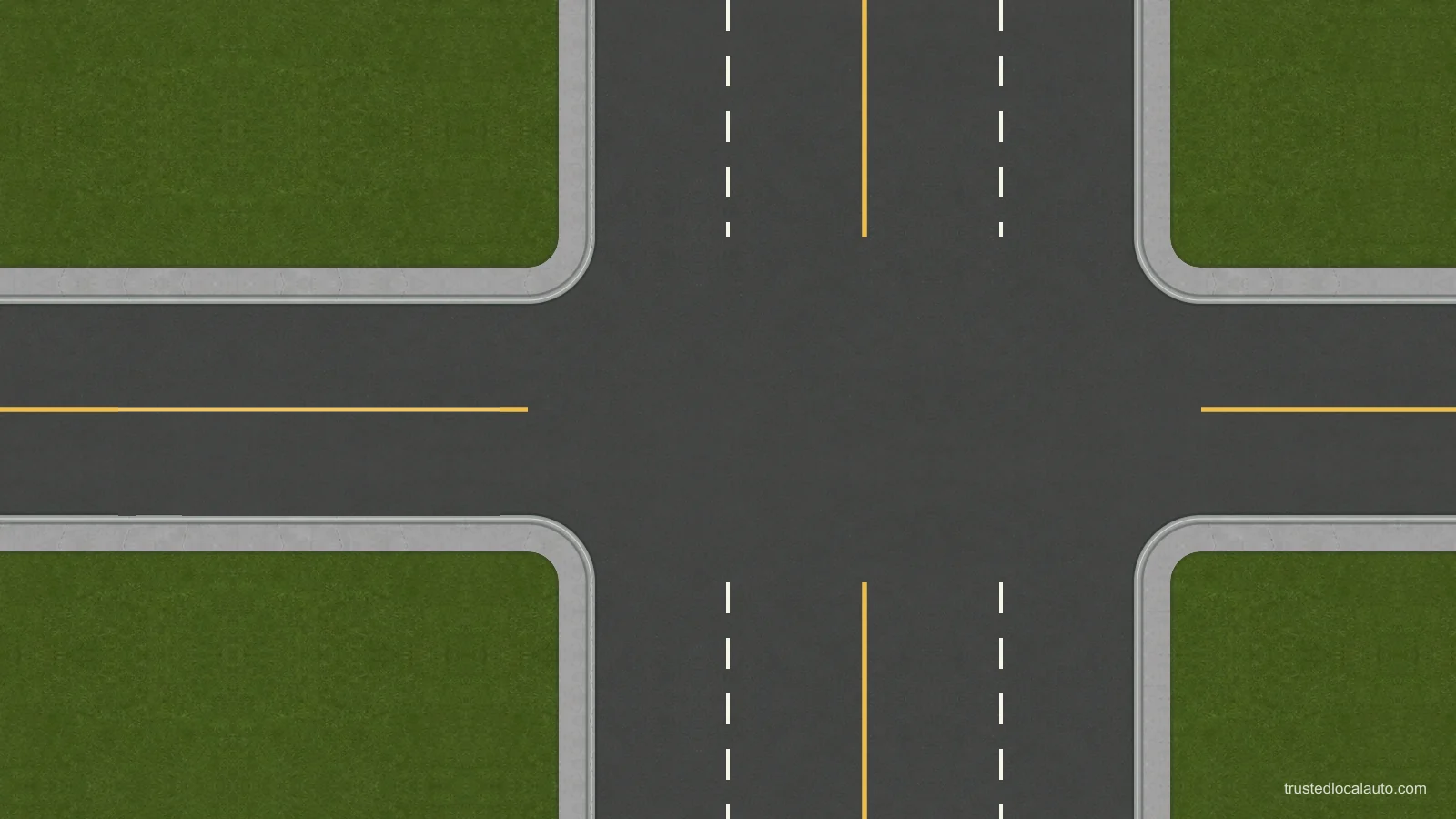 An unoccupied intersection has one approach lane in each direction on the horizontal road and two lanes each way on the vertical road.