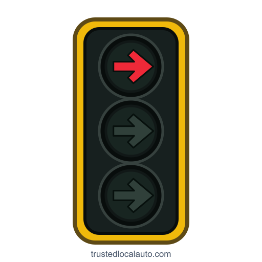 An arrow-signal housing displays a steady red right arrow in its top lens. The middle and lower right arrows are dark.