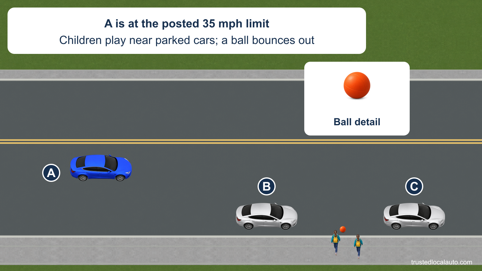 A travels at the posted 35 mph limit on a paved street with a marked center line. Two children are on the sidewalk in the gap between parked cars B and C, and a ball is near the curb; an inset shows the ball more clearly.