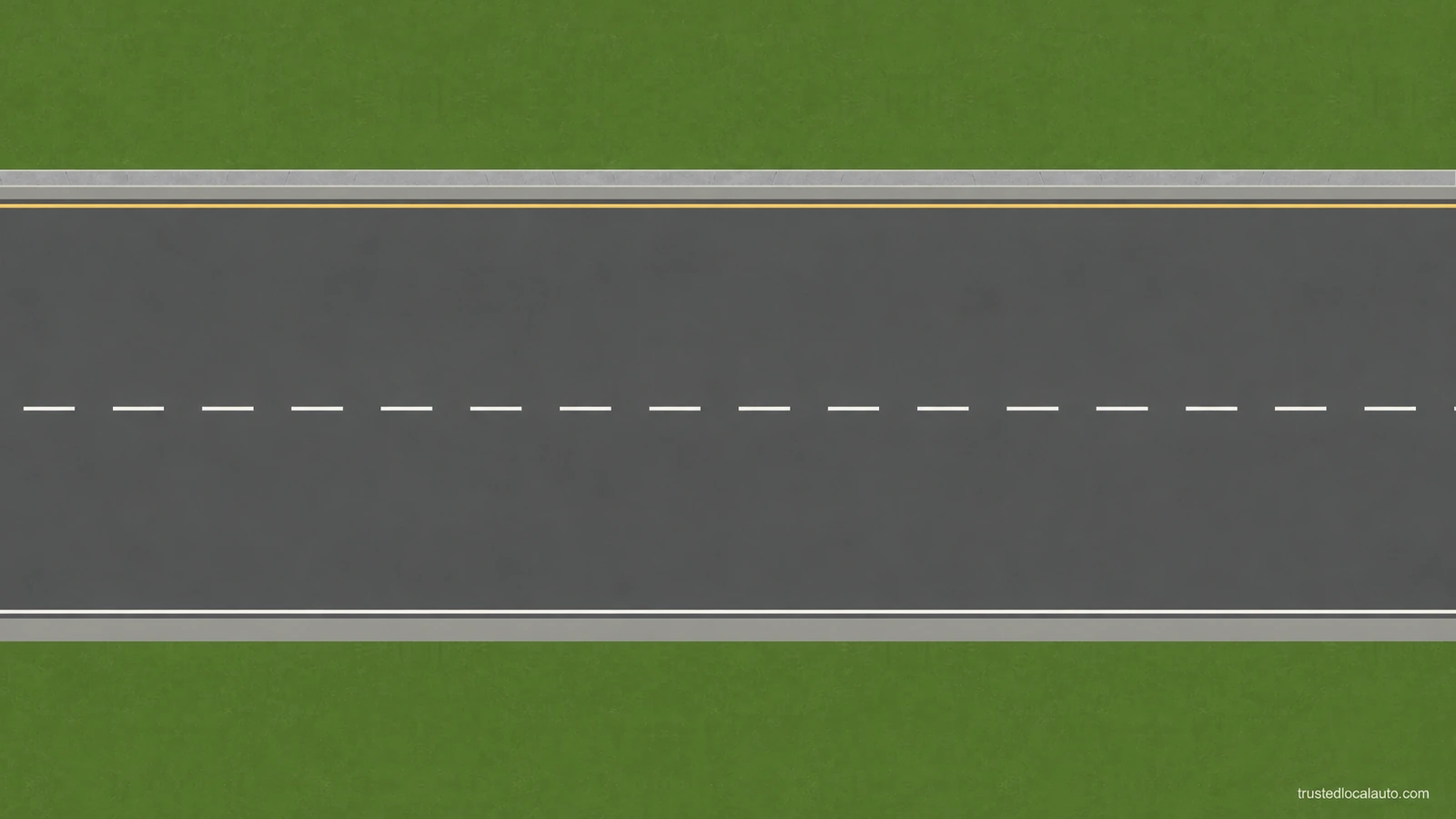 An empty roadway has two lanes separated by broken white paint, with a solid white outer edge and roadside verge. No vehicle selects a passing lane or the shoulder.