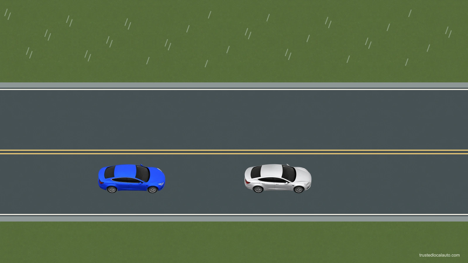 Rain falls around a two-way road. The blue learner follows a silver car in the lower lane. No time value or recommended gap is printed in the question scene.