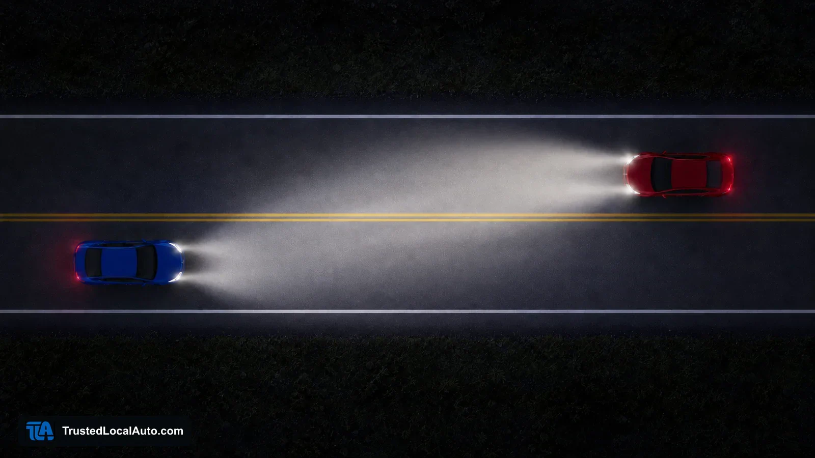 Bright headlights from an oncoming car shine toward a blue car in the opposite lane.