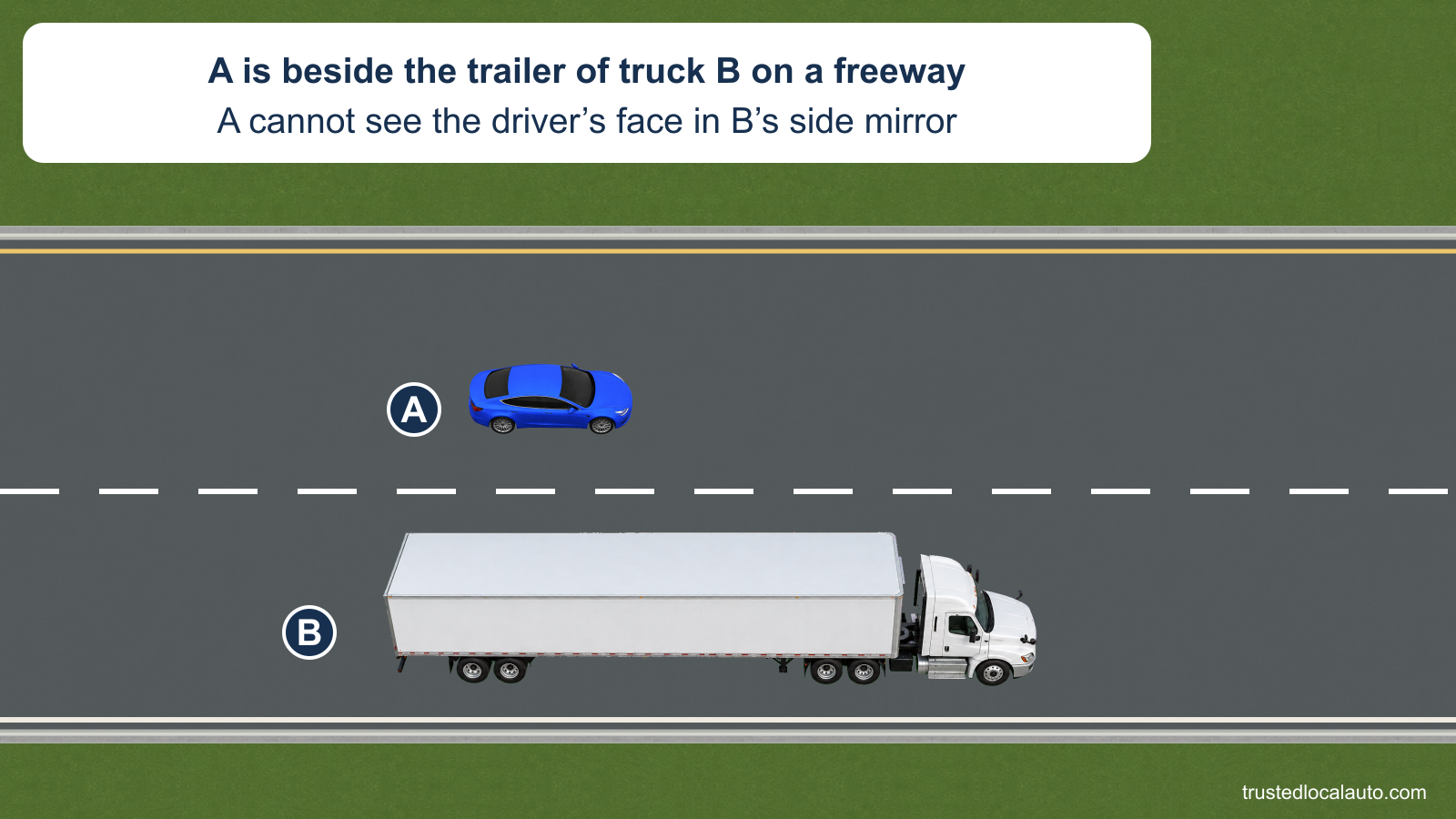 On a freeway with two lanes in this direction, A travels beside truck B’s trailer in the left lane. The card states that A cannot see the truck driver’s face in the side mirror.