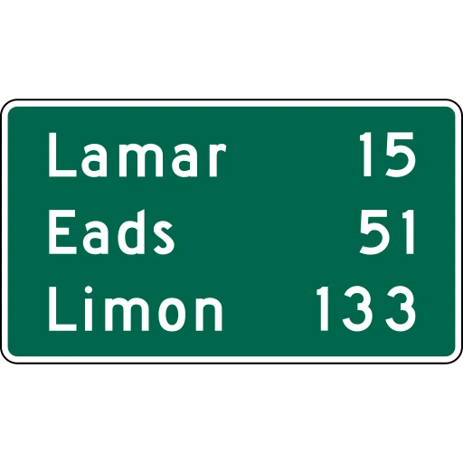 Green rectangular sign with white text arranged in three rows: Lamar 15, Eads 51, and Limon 133. Each number is shown to the right of its place name.