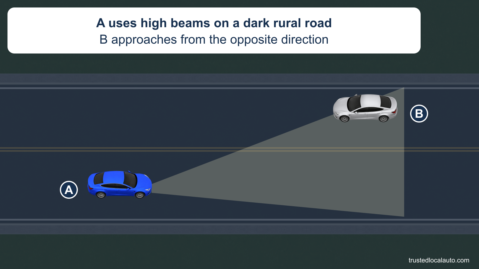At night, A uses a broad high-beam pool on a rural two-lane road while silver B approaches in the opposite lane. No dimming threshold or measured separation is given.