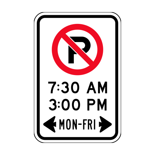 A white rectangle shows a black P under a red circle and slash, 7:30 AM, 3:00 PM, MON–FRI, and outward-pointing black arrows.