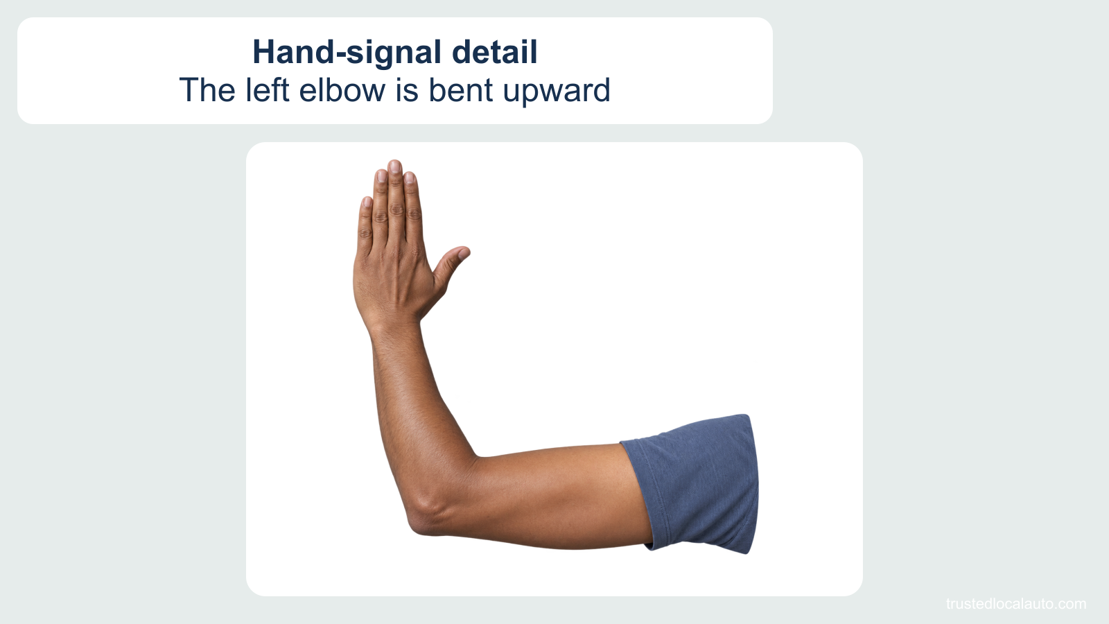 A close view shows the back of a left hand held upright, with the elbow bent and the upper arm extending sideways from a blue sleeve.