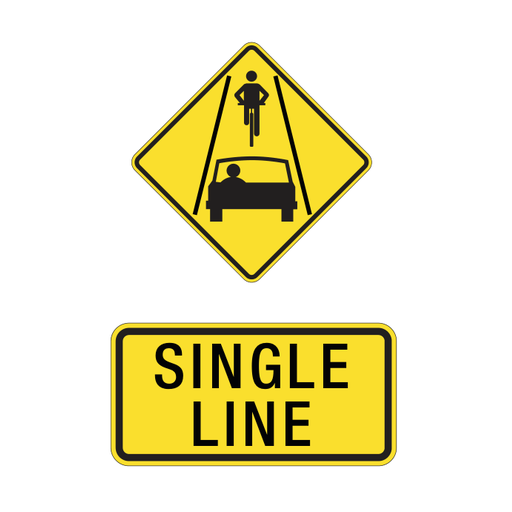 A yellow diamond showing a cyclist ahead of a car in a narrow lane, above a SINGLE LINE plaque.
