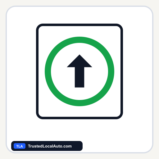 A green circle surrounds a black arrow on a white sign.