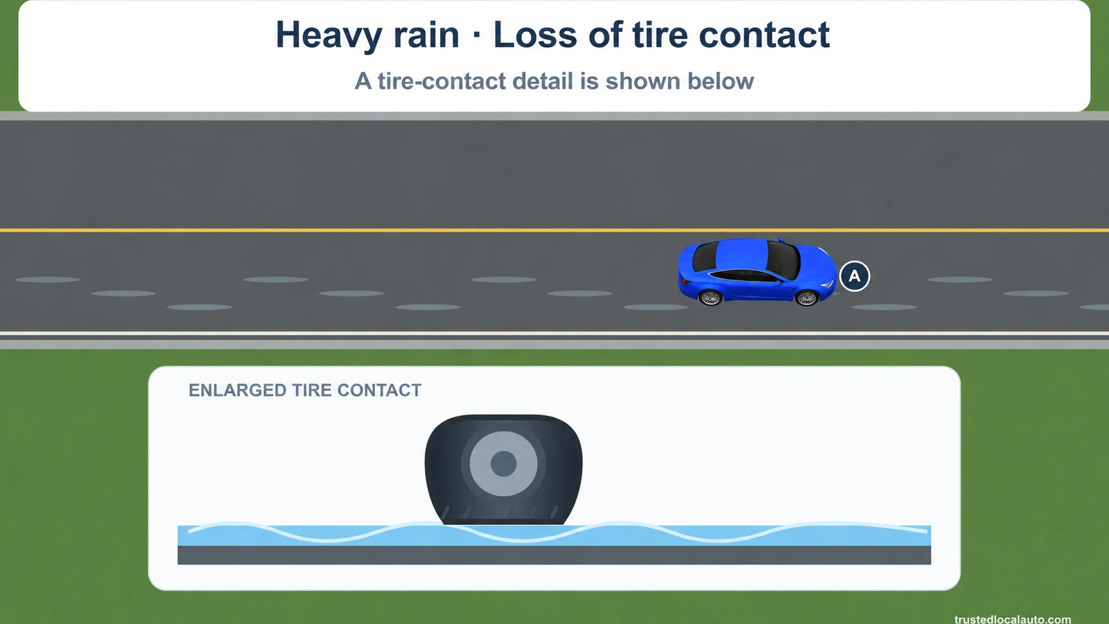 Blue A travels on a wet road. An enlarged tire detail shows a water layer separating the tire from the road. Labels use the spelling tire.