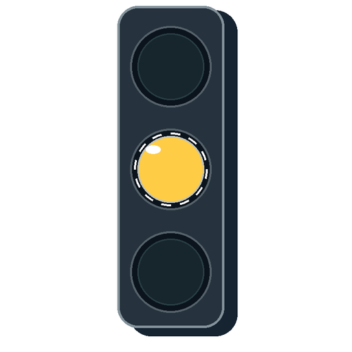 A signal shows a flashing circular yellow light, with a dashed flash indicator around it and the red and green lamps dark.