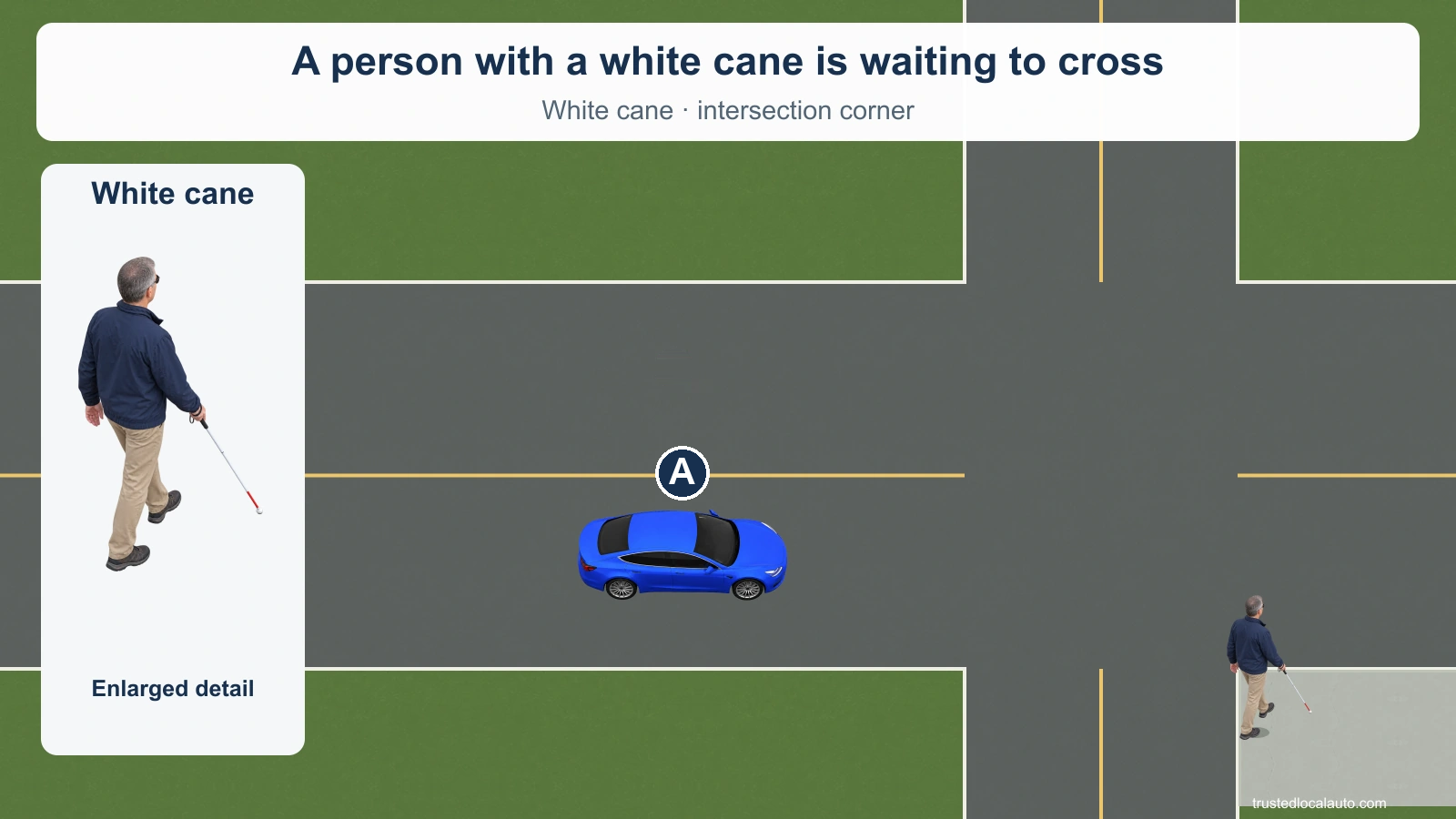 A approaches a crosswalk where a pedestrian with an extended white cane is preparing to cross. An enlarged inset makes the cane visible.