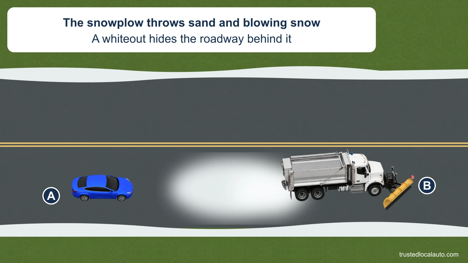 A approaches a working snowplow on a snowy two-lane highway. Sand spray and dense blowing snow obscure the roadway behind the plow; both vehicles remain within the same lane.