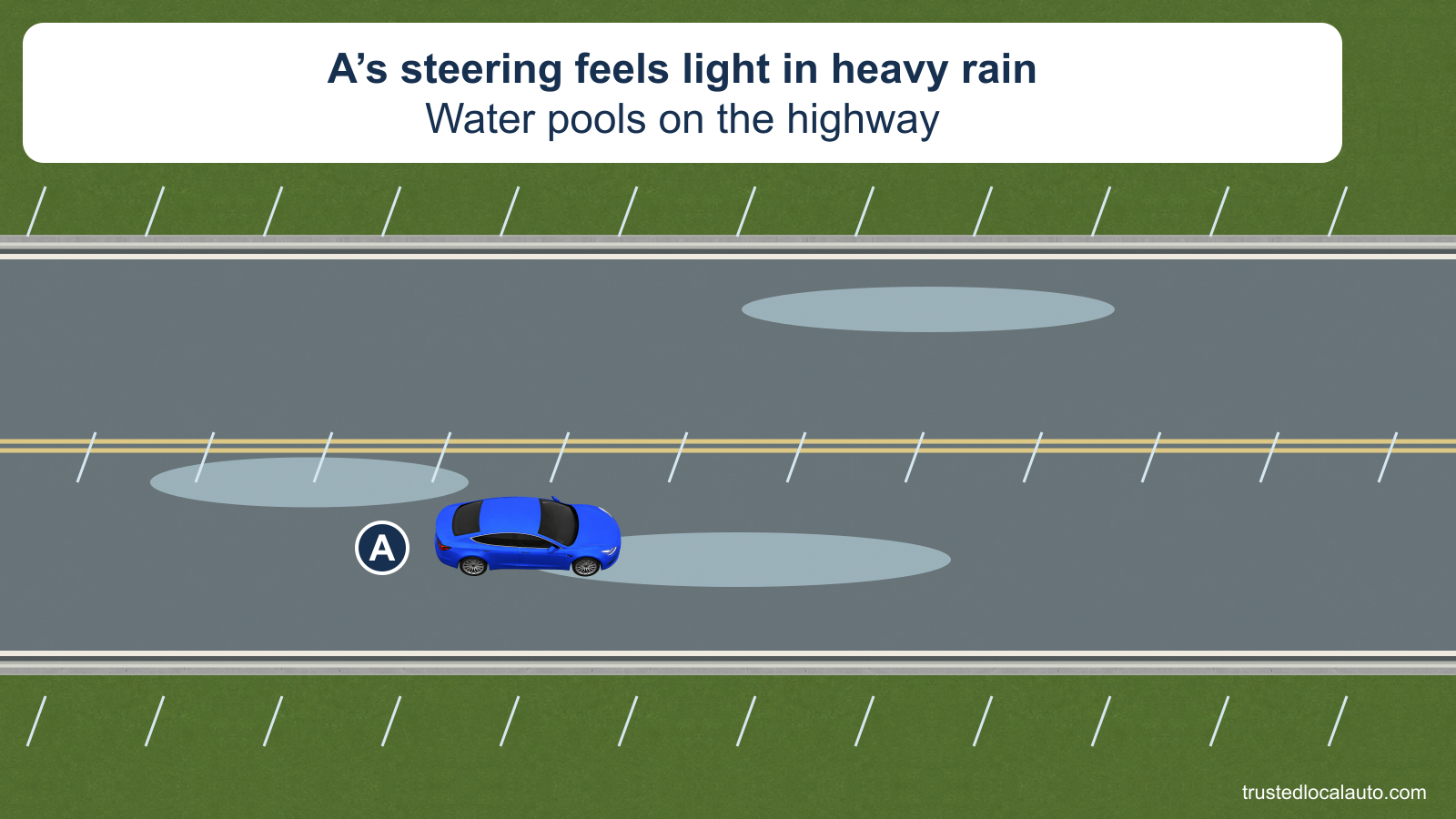 Blue car A travels through heavy rain and pools of water. The card states that its steering feels light. No steering or pedal action is shown.