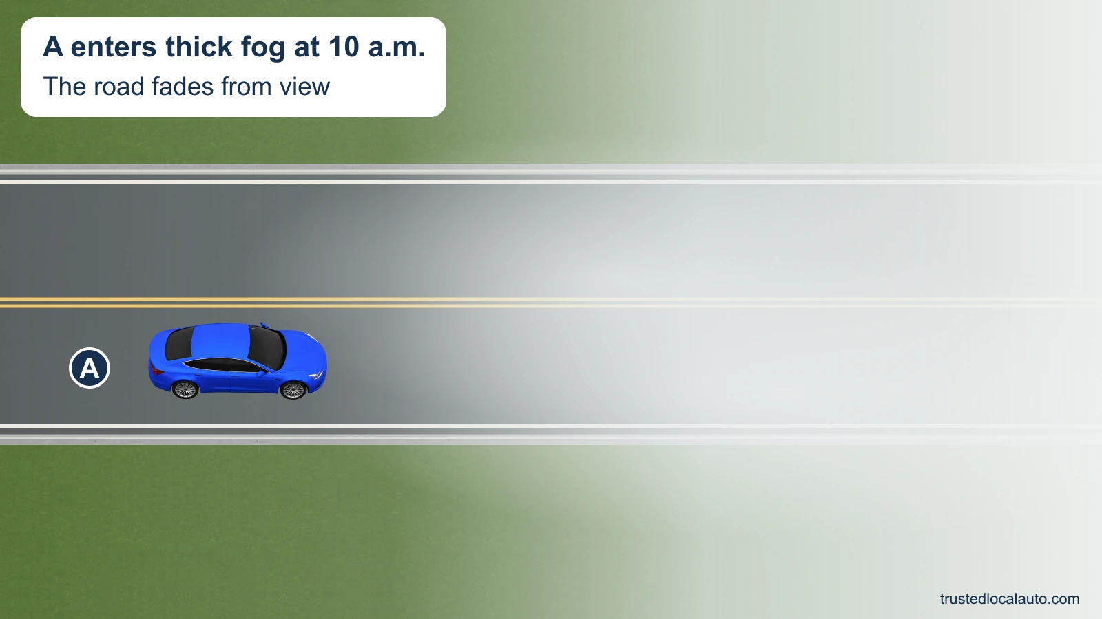 A enters thick daytime fog on a two-lane road. Markings fade ahead, and no headlight beam or stopping response is selected.