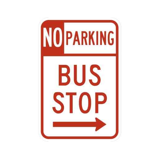 A white rectangle with a red border reads NO PARKING above BUS STOP, with a red arrow pointing right.