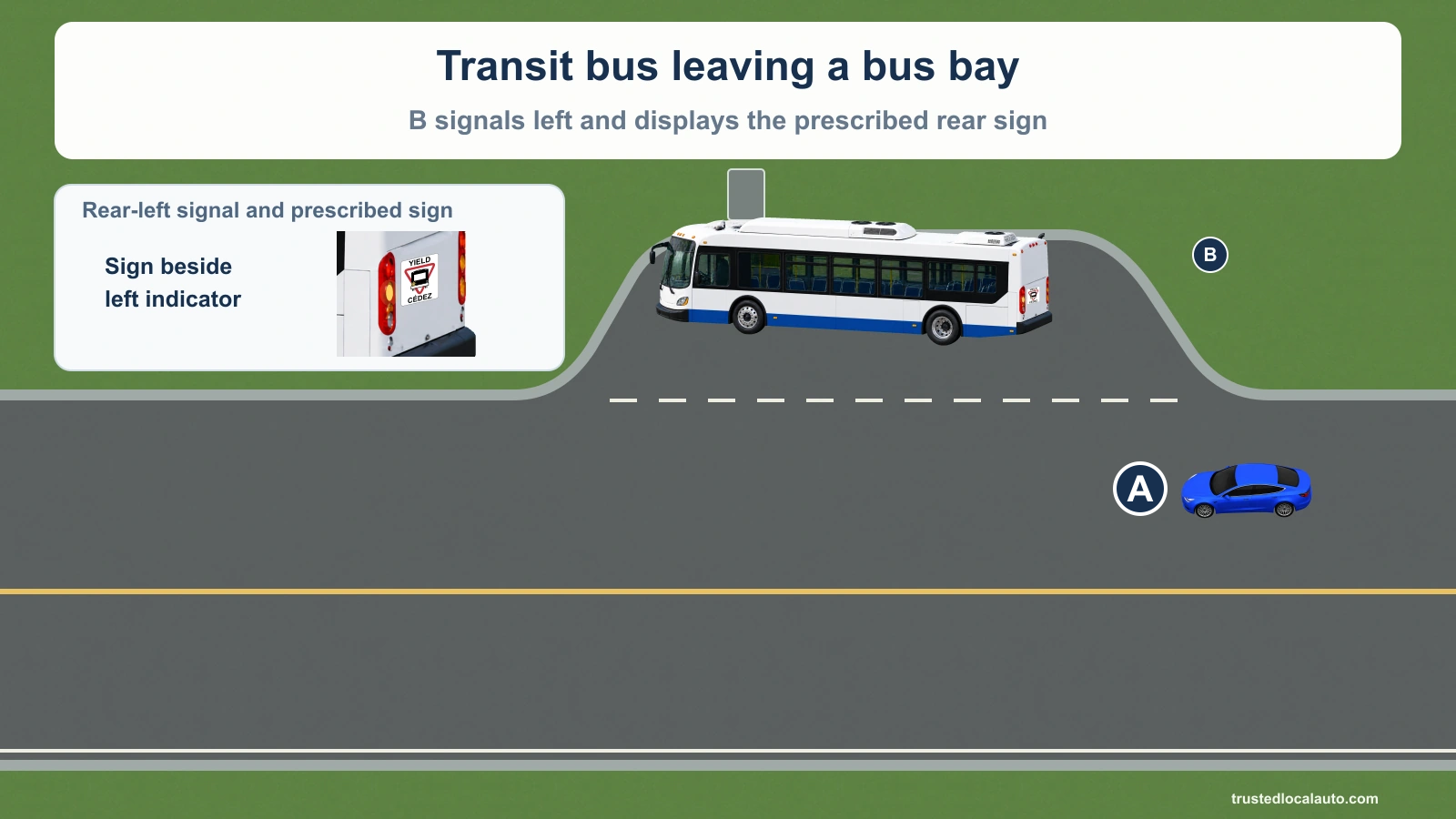 A westbound city transit bus B is in an indented bus bay on the north side of a two-way road, beside a bus-stop marker. Its rear-left amber indicator is active, and the prescribed Yield/Cédez bus sign is mounted beside that lamp. Blue A approaches from behind in the lane adjacent to the bay. An inset enlarges the rear sign and signal. No answer route is shown.
