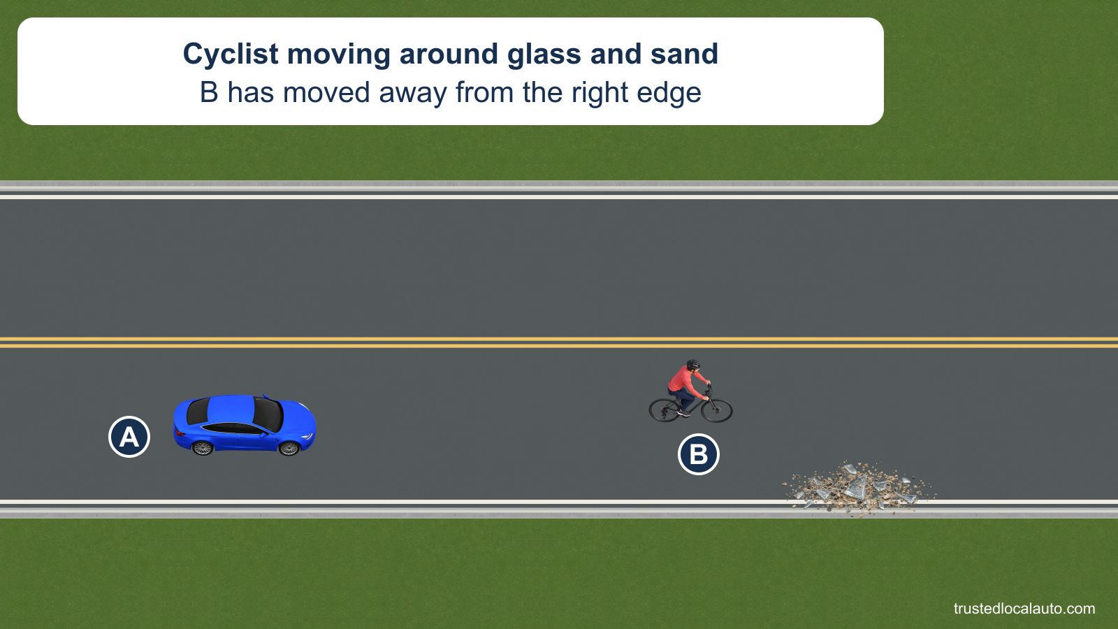 A follows cyclist B on a two-lane road. Broken glass and sand lie near the right edge ahead. B has moved toward the middle of the lane to go around the debris.