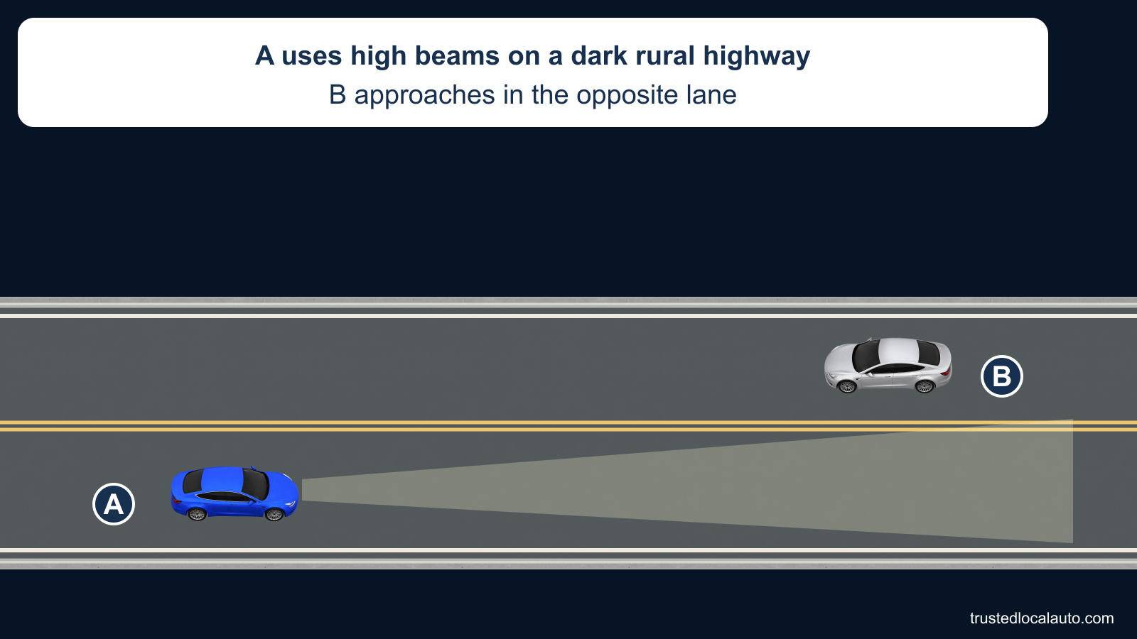 A drives with high beams on a dark rural two-lane road while B approaches in the opposite lane. No required distance appears in the question.