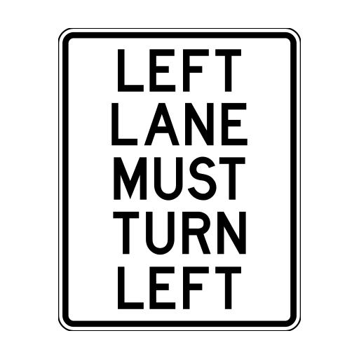 B.C. road sign R-082-2-L displaying Left lane must turn left.