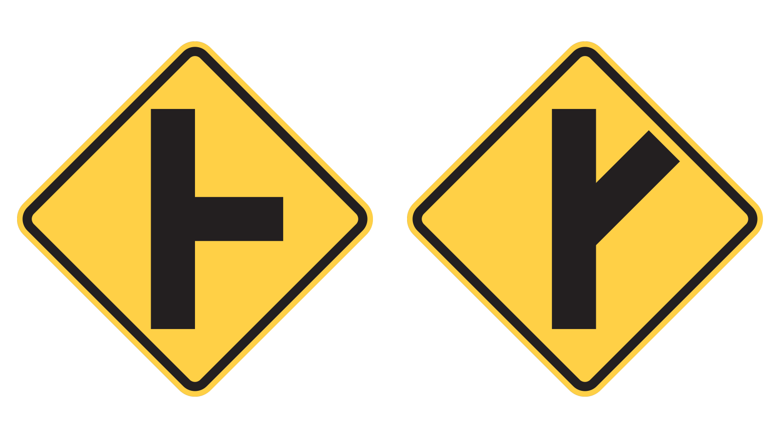 Two yellow diamonds show a vertical main road with a branch on its right: one joins at a right angle and the other at an acute angle.