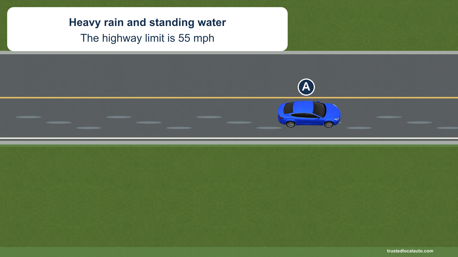 A travels on a wet highway with standing water. The card states a 55 mph speed limit, without a selected speed or tire-contact diagram.