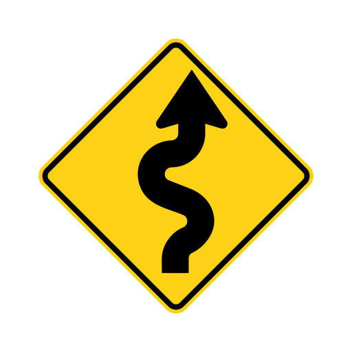 Yellow diamond warning sign with a black winding arrow whose first bend is to the right.