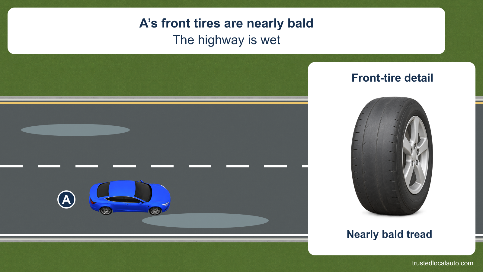 Blue car A travels on a wet highway. A close-up shows its front tire with nearly bald tread; no stopping or hydroplaning outcome is shown.