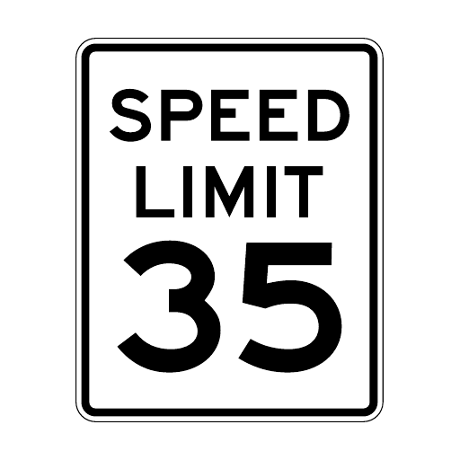 A white rectangular sign with a black border reads SPEED LIMIT above the large black number 35.