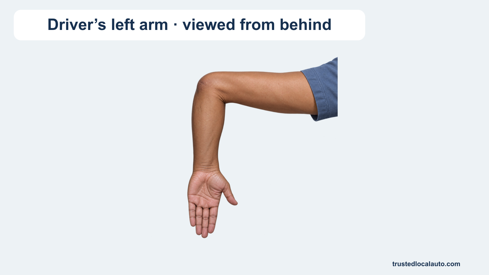 A driver's left arm is extended with the forearm pointing downward, viewed from behind.
