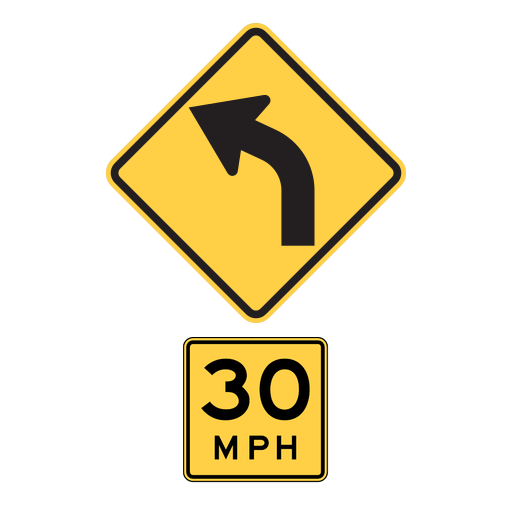 A yellow diamond has a black arrow curving left. A separate yellow square below it reads 30 MPH.