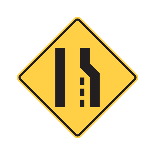 Yellow diamond sign with a straight left outer line and a right outer line bending left as the roadway narrows; a dashed lane divider ends below the narrowing.