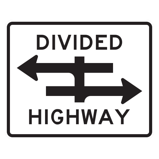 A white rectangle reads DIVIDED above and HIGHWAY below a black crossing-road symbol. Two separated horizontal arrows point left on the far roadway and right on the near roadway.
