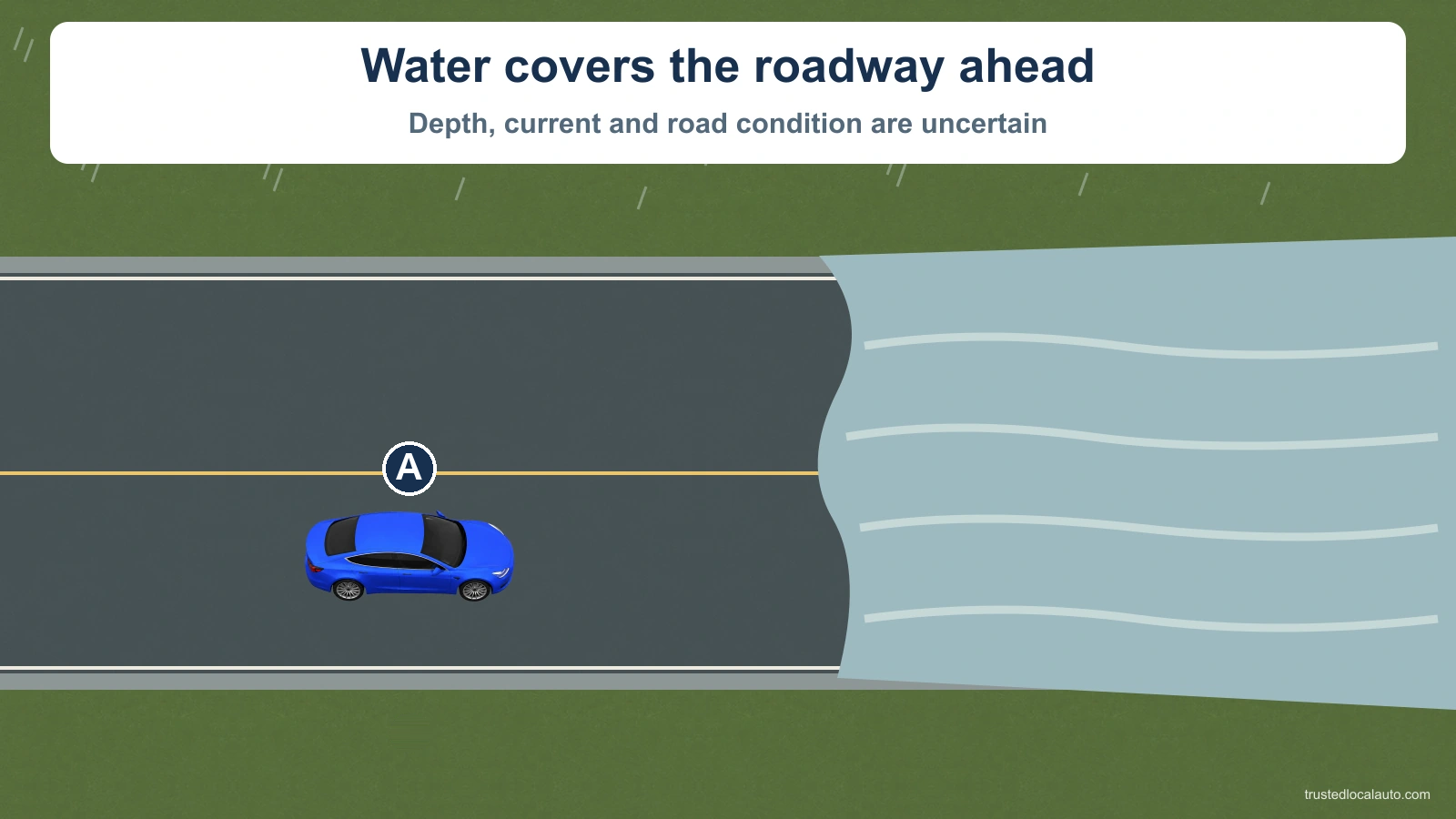 Floodwater covers the roadway ahead of A. Its depth and condition cannot be judged from the picture.