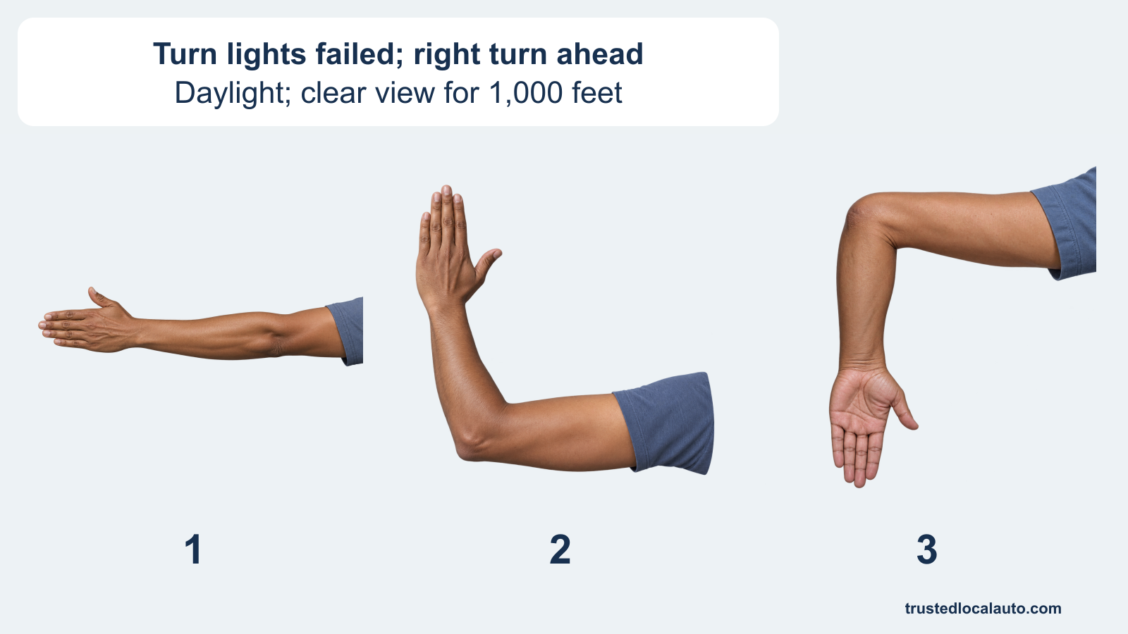 Three left-arm positions appear side by side: straight out, bent upward and bent downward. The card states that the turn lights have failed before a right turn in daylight, with a clear view for 1,000 feet; none of the positions is highlighted.