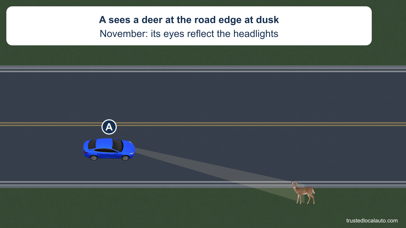 A travels on a rural highway at dusk. Its headlight beam reaches a deer beside the road. The card states the November setting and the eye shine described in the question.