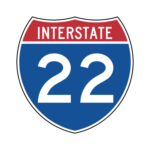 A shield has a red band reading INTERSTATE above a blue field and the white route number 22.