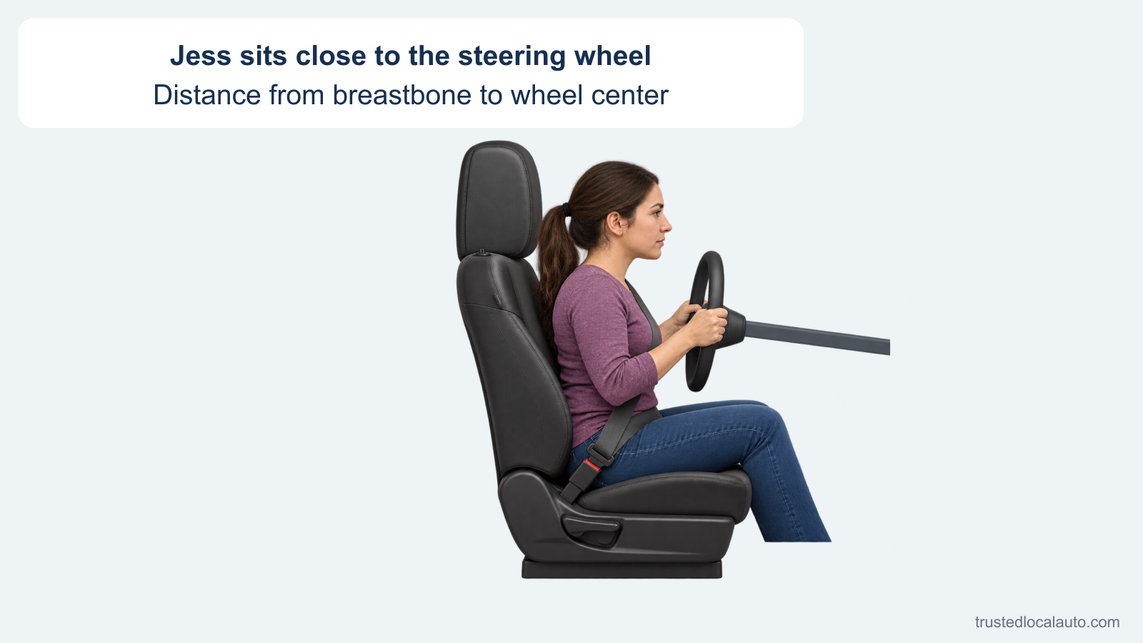 Jess sits close to the steering wheel with her elbows bent and her seat belt fastened. The side view shows her breastbone and the center of the wheel; no distance is marked.