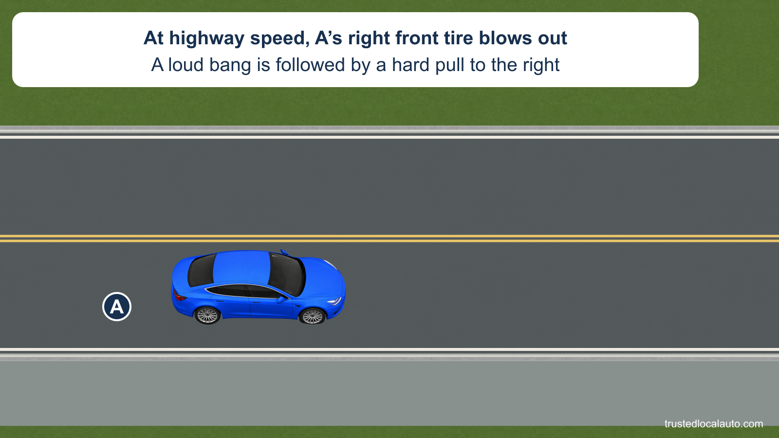 A travels on a two-lane highway with a visibly deflated right front tire and a clear shoulder on its right. The card states a sudden loud bang at highway speed and a hard pull to the right; no recovery path is selected.