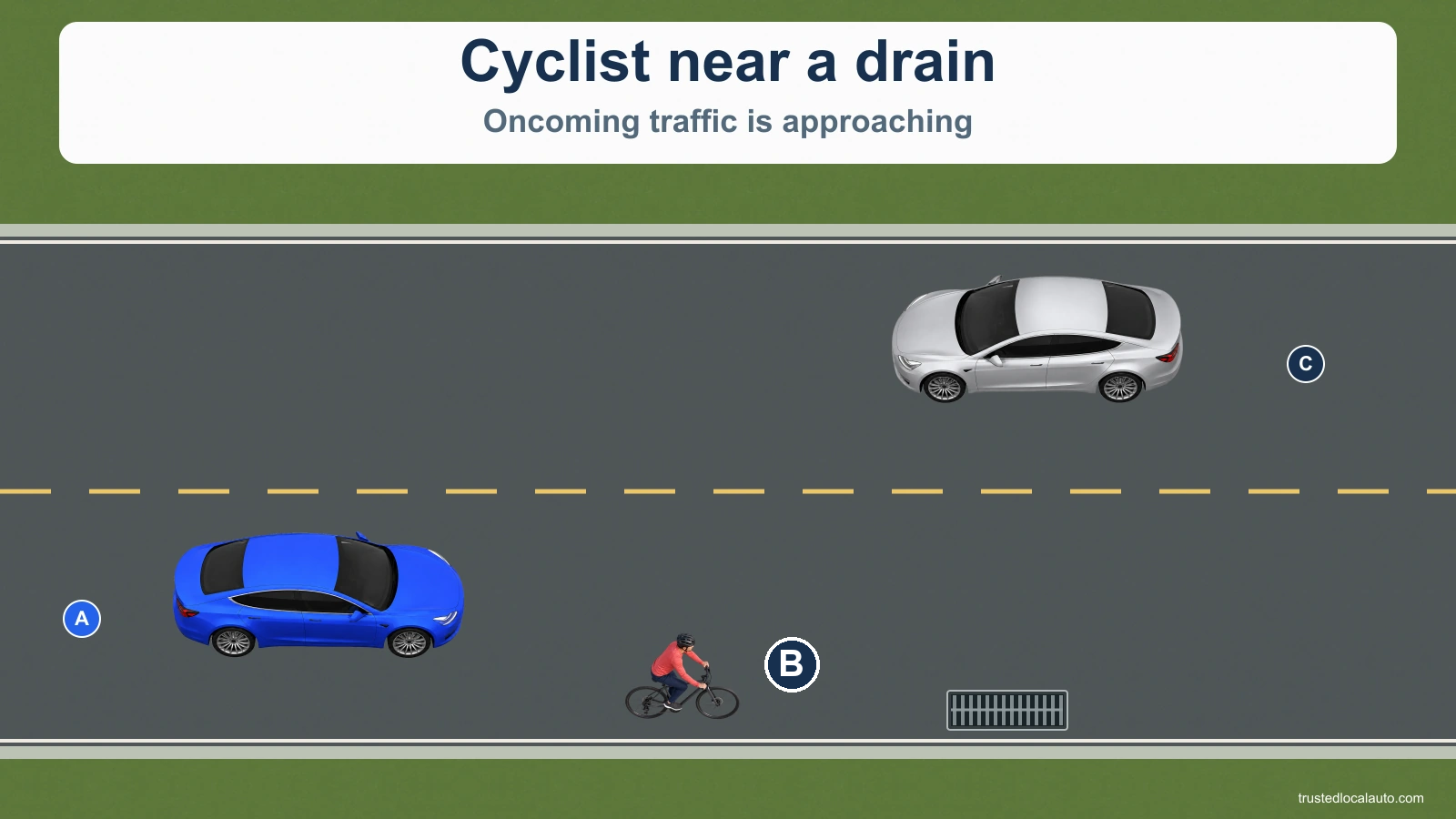 A cyclist approaches a drain near the right curb, with blue car A behind and silver car C approaching in the opposite lane. No avoidance path is drawn.