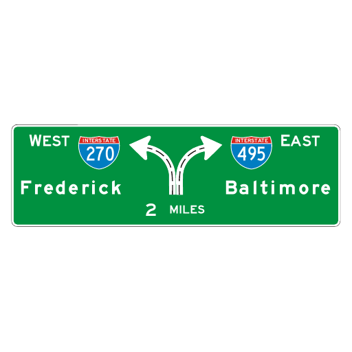 A green highway sign shows WEST Interstate 270 Frederick, EAST Interstate 495 Baltimore, a branching white arrow, and 2 MILES.