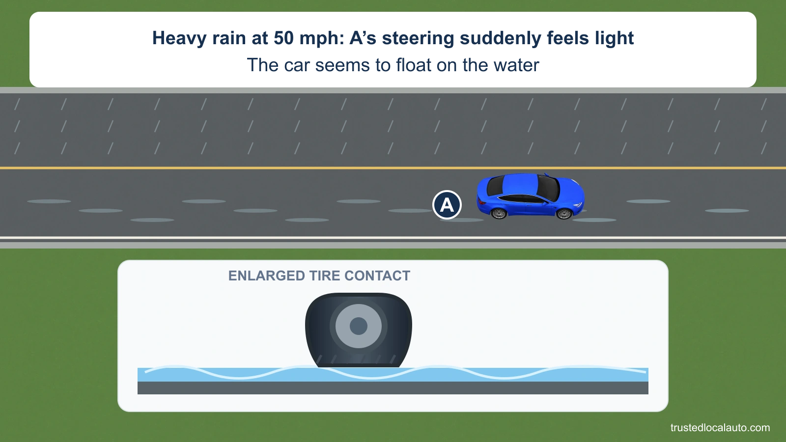 A travels over patches of standing water in heavy rain. An enlarged tire detail shows a film of water separating the tire from the road. The card states 50 mph, light steering and a floating sensation; no recovery path appears.