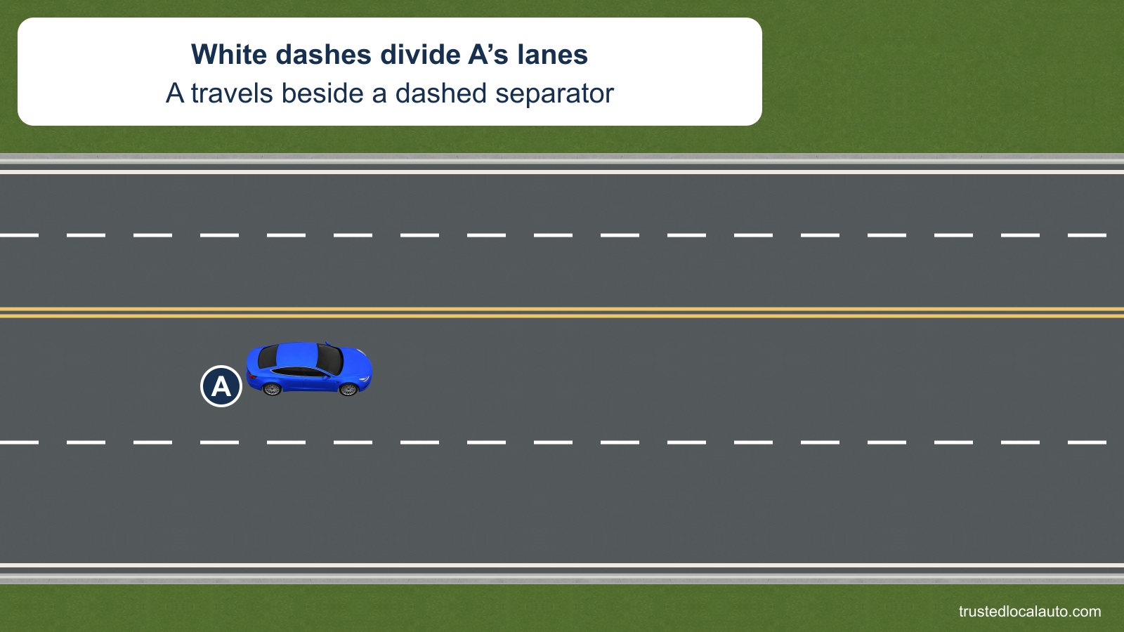 A travels beside a broken white lane separator; no chosen lane change is drawn.