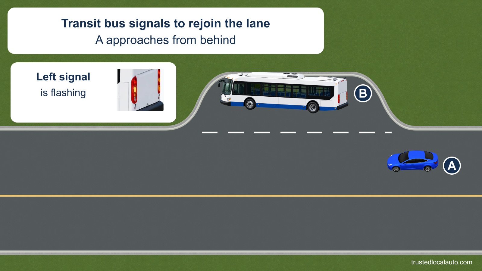 A approaches a transit bus from behind. The bus is in a roadside bay and its left turn signal is flashing, also shown in an enlarged detail.