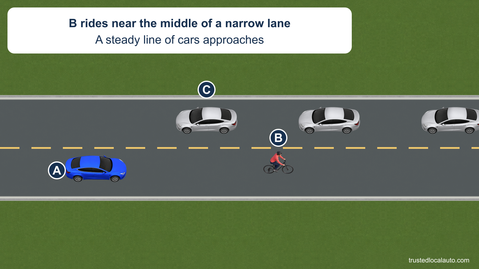 A follows B, who rides near the middle of a narrow lane. Three silver cars form a line in the opposite lane, led by C; a broken yellow center line separates the directions.