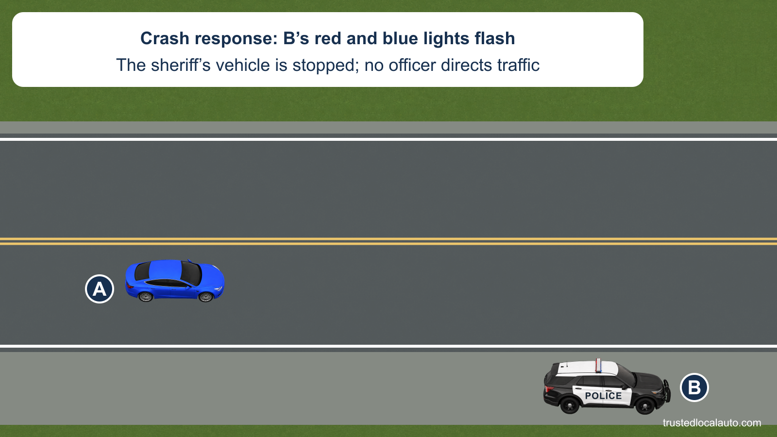 A approaches a stopped law-enforcement vehicle B at a crash response on a two-lane road. B is on the right shoulder with red and blue roof lamps lit; the card identifies the sheriff’s response and says that no officer directs traffic.