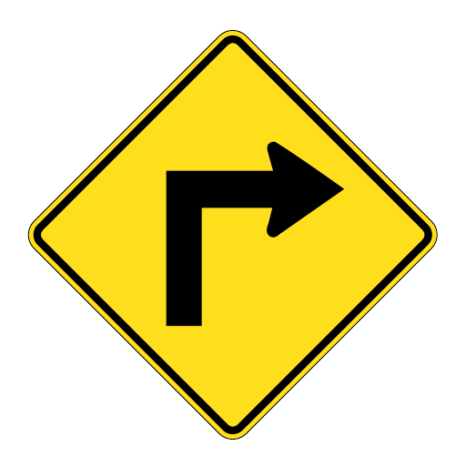 Yellow diamond with a black border and a black arrow that rises vertically, bends at a square corner and points right.
