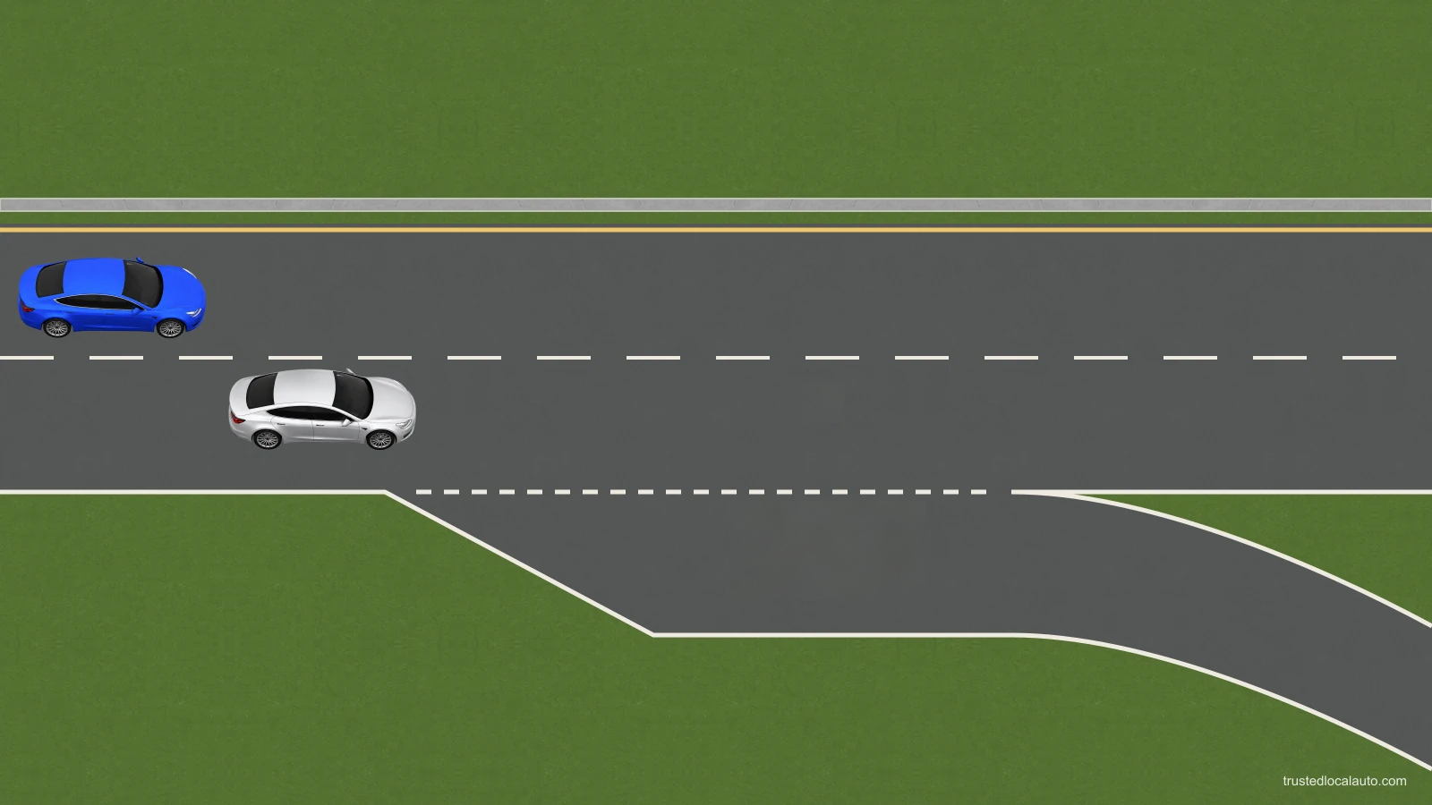 The blue learner is upstream in a freeway through lane. A separate exit lane opens farther ahead. The question has no braking mark or selected exit-lane position.